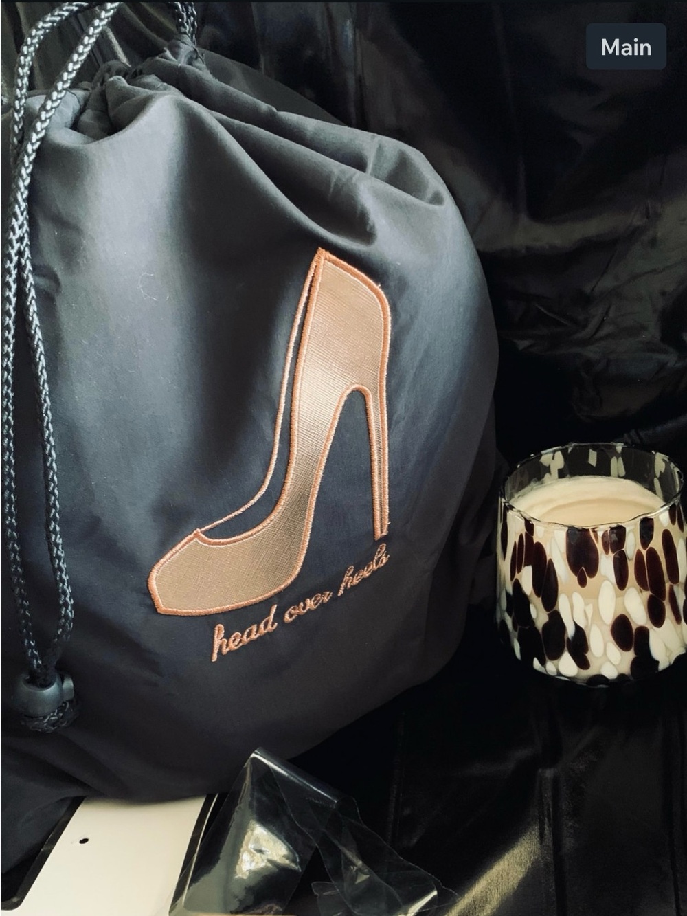 Head Over Heels Black Drawstring Shoe Dust Bag Miamica Overnight Bag